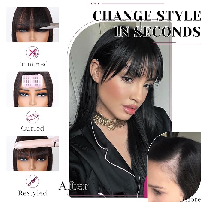 VERNA Bangs Hair Clip 360°3D Cover Hair Toppers for Women,100% Real Human Hair Natural Black Clip in Bangs,Hairpieces for Daily Wear(5 * 9.5)