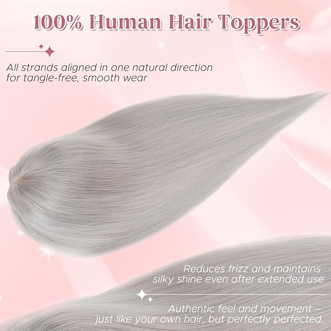 Real Human Hair Toppers for Women 3.54"*4.72" Silky Base 150% Density No Bangs Adjustable Parting Clip-In Topper Hairpieces for Women with Thinning Hair 10 Inches Silver Grey