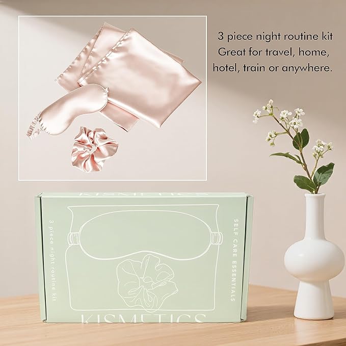 Vegan Silk Sleep Set, Vegan Silk Pillowcase with Large Scrunchie and Eye Mask for Hair and Skin, Self Care Essential Satin Night Routine Kit (Light Pink Color)