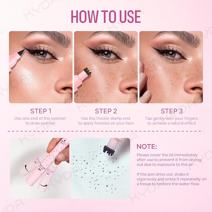 KYDA Freckle Liquid Eyeliner Pen, 2 in 1 Freckles Stamp and Black Liquid Eyeliner, Waterproof and Long lasting Soft Dot Spot Pen Realistic Fake Freckles for Natural Lifelike Sun-kissed Makeup-ESPRESSO