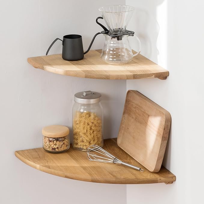 Corner Shelves, Floating Corner Shelf, Set of 2 16inch Solid Oak Wood Wall Shelves, Round End Wall Mount Display Shelf with Wire Hole for Bedroom Kitchen, Living Room