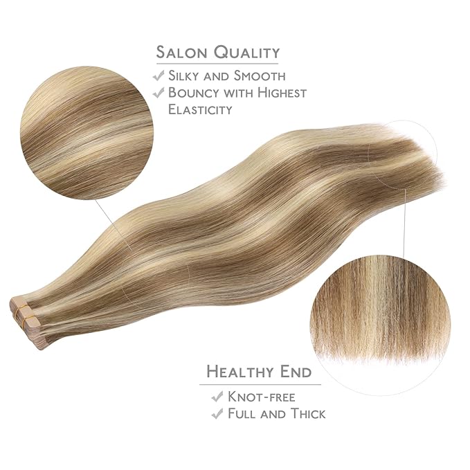 WENNALIFE Tape in Hair Extensions Human Hair, 40pcs 100g 24 inch Ash Brown with Platinum Blonde Highlights Hair Extensions Real Human Hair Straight Invisible