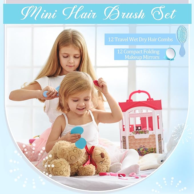 Meanplan 24 Pcs Mini Hair Brush Set 12 Travel Wet Dry Hair Combs Pocket Detangling 12 Compact Folding Makeup Mirrors for Spa Sleepover Birthday Bridal Shower Bachelorette Christmas Party Gift(Blue)