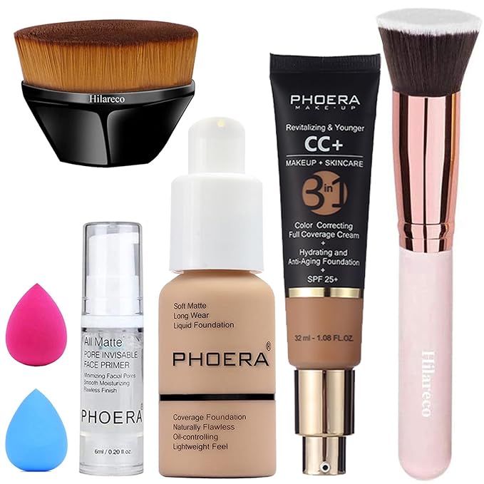 PHOERA Foundation,PHOERA CC Cream Foundation Color Correcting Anti Aging Hydrating Serum &SPF 25+,PHOERA Primer, PHOERA Makeup Foundation, Makeup Brushes (104 Buff Beige+160 Sand CC Cream)