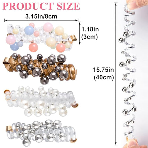 4PCS Bead Spiral Hair Ties, No Crease Pearl Bead Phone Cord Ponytail Holders for Women, Elastic Rubber Hair Coils, Vintage Hair Bands Accessories for Party, Daily Use - 4 Colors