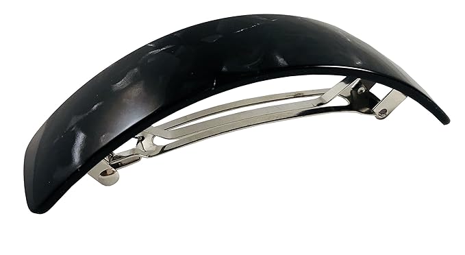 French Amie Volume Black Large Curved Handmade Strong Grip Celluloid Automatic Hair Clip Barrette (Black Finish)