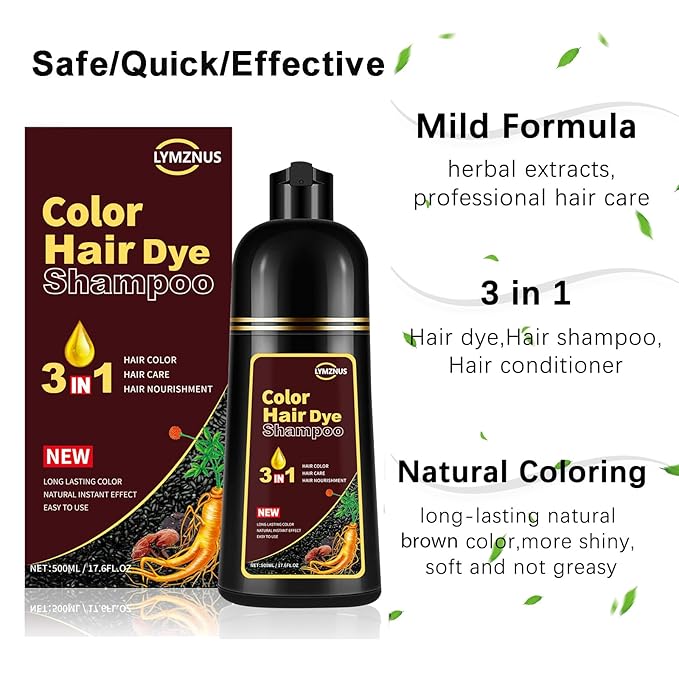 Dark Brown Hair Dye Shampoo 3 in 1 for Gray Hair, Instant Brown Hair Color Shampoo for Men & Women, Herbal Hair Dye Shampoo for 100% Gray Coverage in Minutes 500ml