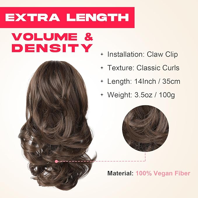 Ponytail Extension - 14" Claw Clip in Ponytail Hair Extensions Natural Soft Synthetic Layered Wavy Pony Tail Hair Pieces for Women - Medium Brown