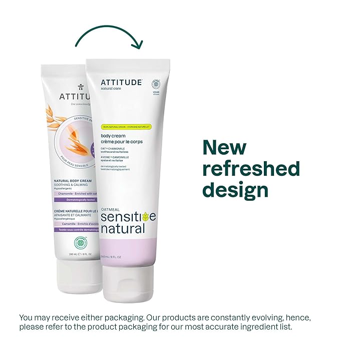 ATTITUDE Body Cream for Sensitive Skin with Oat, EWG Verified, Dermatologically Tested, Vegan, Chamomile, 8 Fl Oz