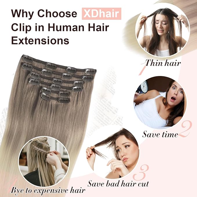 XDhair Hair Extensions Clip in Human Hair 100g 14 Inch Ash Brown to Platinum Blonde Human Hair Clip in Extensions Double Weft 6pcs for Women(14, #8T60)