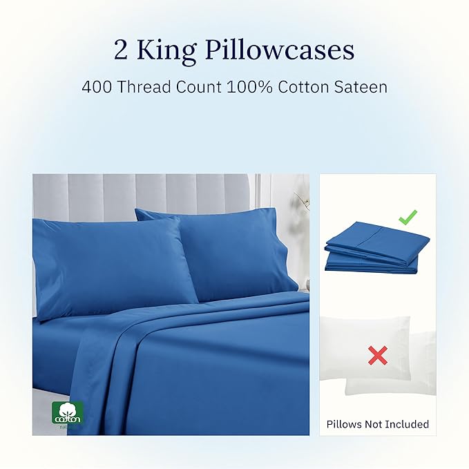 California Design Den King Size Pillow Cases Set of 2-400 Thread Count Sateen, Natural 100% Cotton Pillowcases King, Soft, Roomy and Breathable - Cobalt Blue