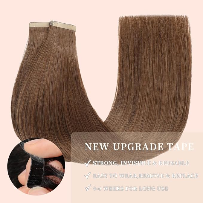 Tape Ins Human Hair 20pcs 20 Inches Hair Extensions Tape Ins for White Women Invisible Seamless Human Hair Tape In Extensions Skin Weft Medium Brown (6#)