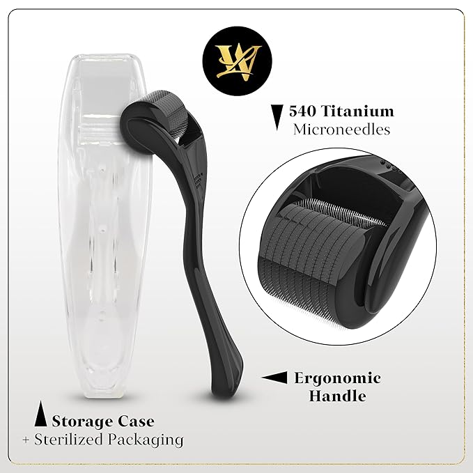Derma Roller for Skin, Hair & Beard – Women and Men Titanium Microneedling Roller for Face & Scalp, Safe & Easy to Use - Glossy Black
