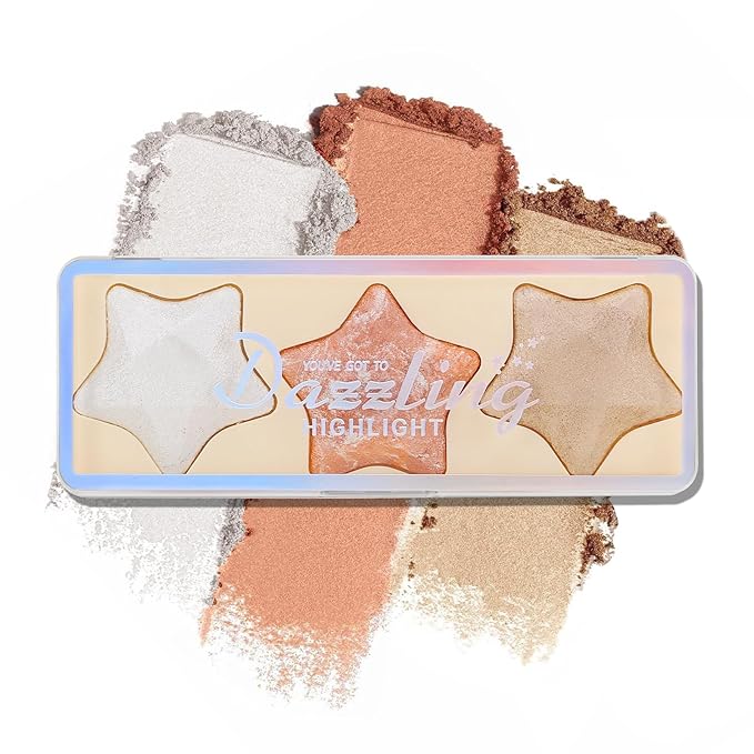 Boobeen 3 Colors Baked Shimmer Highlight & Blush Palette, Powder Palette Facial Bronzers Illuminator Makeup Palette, Lightweight Highlighter Blusher Contour for Cheeks, Lasting Natural Glowing