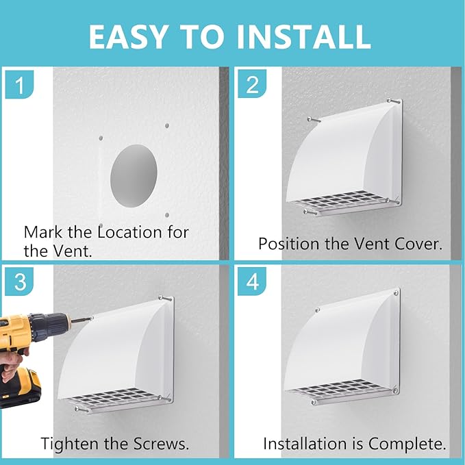 8 Inch Wall Vent Cover, HG Power Metal Exhaust Vent Cap Outside with Removable Screen & Cushioned Non-Return Flap for Home Wall, Kitchen (White)