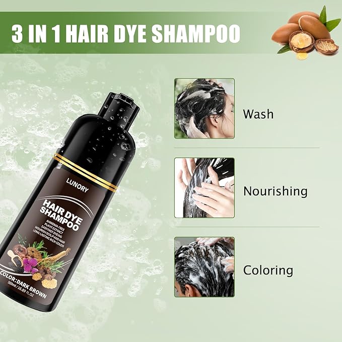 Dark Brown Hair Dye Shampoo for 100% Gray Coverage - 3 IN 1 Hair Color Shampoo with Argan Oil & Ginseng, Ammonia & Paraben Free, Long Lasting Semi-Permanent Natural Color for Women & Men (500ml)