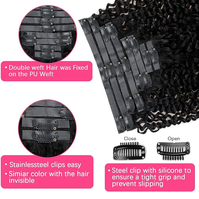 26 Inch Seamless Kinky Curly Clip Ins for Women 3c 4a Kinky Curly Clip in Extension Human Hair Brazilian Remy Human Hair Extensions Natural Color Clip ins 8 Pcs with 18 Clips 120g/Set