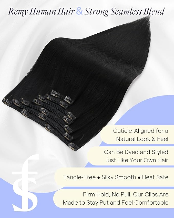 Full Shine Black Clip in Hair Extensions 20 Inch 180 G Thick Human Hair Clip in Extensions Black Human Hair Extensions to Add Volume 7 Pcs