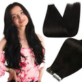 Full Shine Seamless Tape in Hair Extensions Color 1B Black Tape in Extensions Human Hair Double Sided Adhesive Skin Weft Remy Straight Extension for Women 18Inch 100G for Wedding 40Pcs