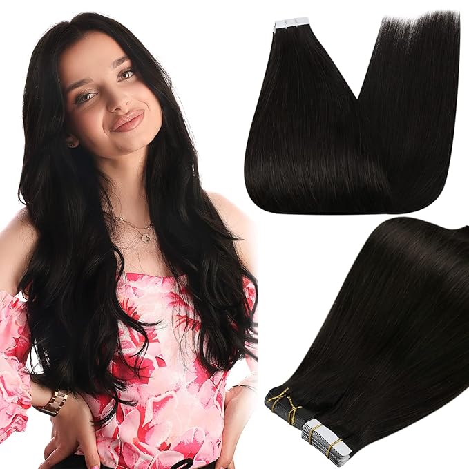 Full Shine Straight Tape in Hair Extensions Human Hair Color 1B Off Black Tape in Extensions 24Inch Brazilian Remy Skin Weft Seamless Invisible Extension for Daily Office Look 100G 40Pcs