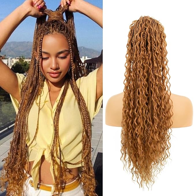 Drawstring Ponytail for Women Boho Box Braids with Long Wavy Hair Ponytail Extension Synthetic Hair Extensions Ponytail for Daily Use (27#, 24 Inch)