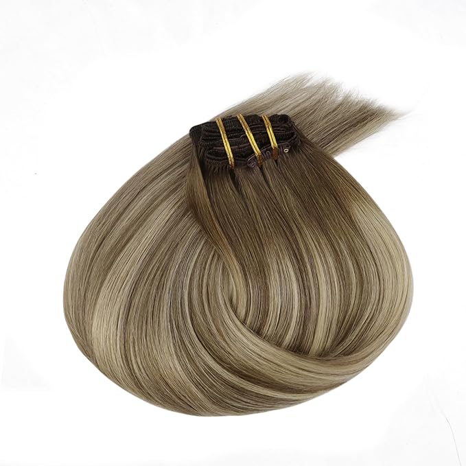 Ve Sunny Human Hair Clip in Extensions Brown Balayage Real Hair Extensions Clip in Human Hair Ombre Brown with Blonde Clip in Hair Extensions Real Human Hair 5pcs 12in 80g