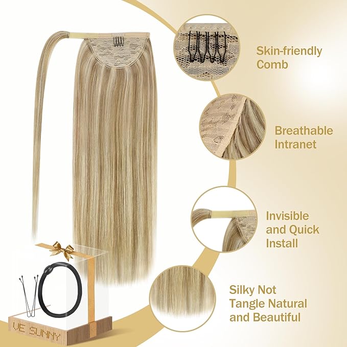 Ve Sunny Hair Extensions Ponytail Real Human Hair Wrap Around Clip in Ponytail Hair Extensions Straight Extensions Human Hair for Women Dark Blonde Highlights Golden Blonde 16inch 80G