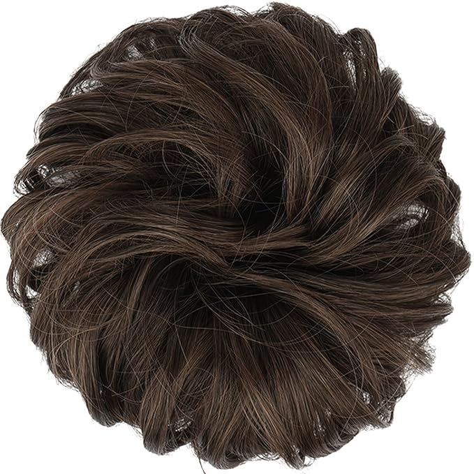FESHFEN Messy Bun Hair Piece - Elastic Wavy Curly Hair Bun Scrunchies Extensions Synthetic Chignon Hairpieces for Women Girls, Dark Brown & Light Auburn Mixed 1.5 oz