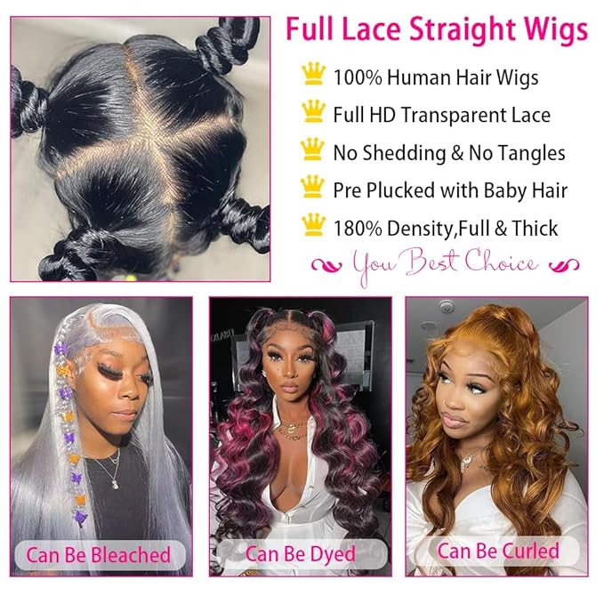 Straight Full Lace Wigs Human Hair 100% Hand-tied Full Lace Human Hair Wigs Full Scalp Lace Wigs Part Anywhere 180% Density(18inch, Natural Black)
