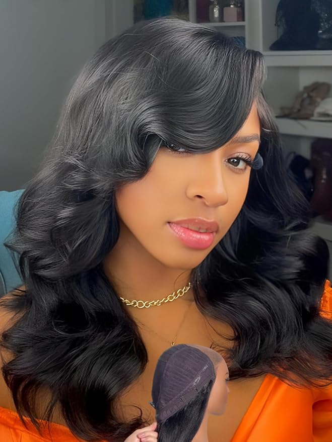 Julia Hair Bye Bye Slip Wig Feathered Layer Side Part Human Hair Wig 200% Density 7X5 Pre Cut Lace Closure Loose Body Wave Wigs Pre Everything Glueless with Secure Silicone Strips Drawstring 16 Inch