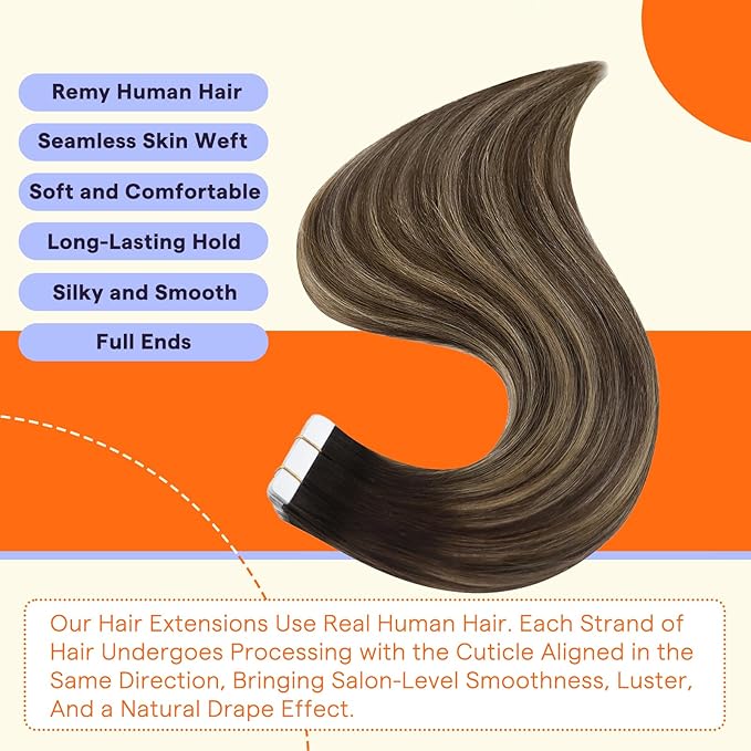 Full Shine Tape in Hair Extensions Real Human Hair 18 Inch Tape Ins Human Hair Extensions Balayage Color 4 Fading to 24 Caramel Blonde and 4 Medium Brown 50 Grams Extensions for Women Real Hair 20 PCS