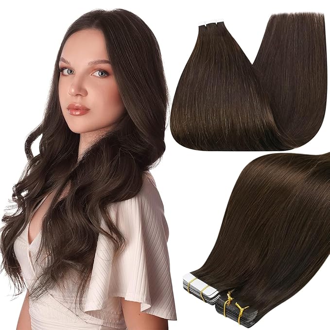 Full Shine Tape in Human Hair Extensions 14Inch Seamless Skin Weft Adhesive Tape Hair Extensions Real Human Hair Color 2 Dark Brown Glue in Remy Human Hair Extension 20Pcs 50g Thick End for Women