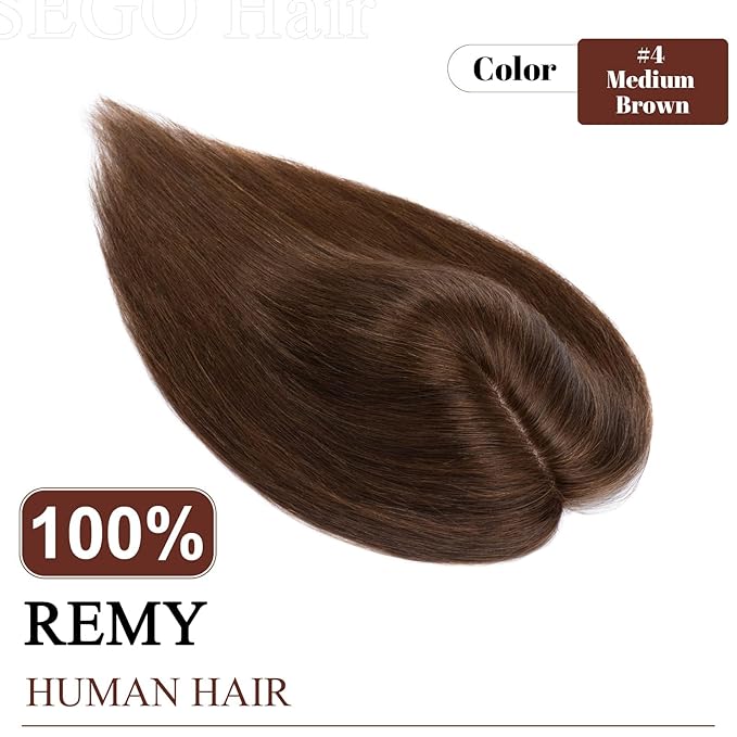 SEGO Real Human Hair Topper for Women, Toppers with Thinning hair No Bangs with 4 Anti-Slip Clips (10 Inch#4 Medium Brown)