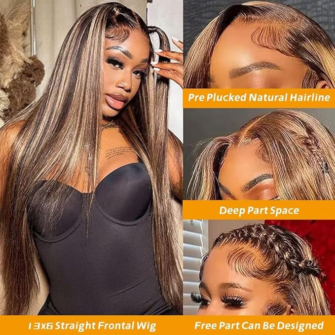 13x6 Ombre Lace Front Wigs Human Hair for Women 180 Density 4/27 Highlight Colored HD Transparent 28 Inch Straight Lace Front Wig Human Hair Pre Plucked Glueless Lace Frontal Wigs