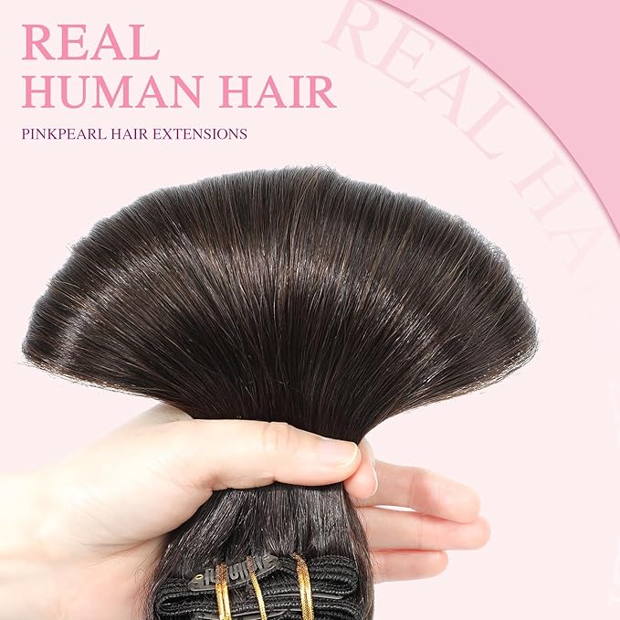 PINKPEARL Human Hair Extensions Clip ins 16inch Clip in Hair Extensions #2 Dark Brown Real Human Hair Clip on 120g 7pcs Remy Hair Clip ins for Women(#2-16)