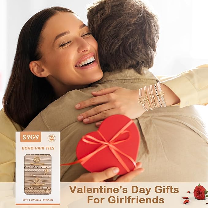 10 Boho Bracelets, Braided & Stretch Hair Ties for Thick/Thin Hair, 5 Styles, Light Coffee Colors - No Damage Ponytail Holders