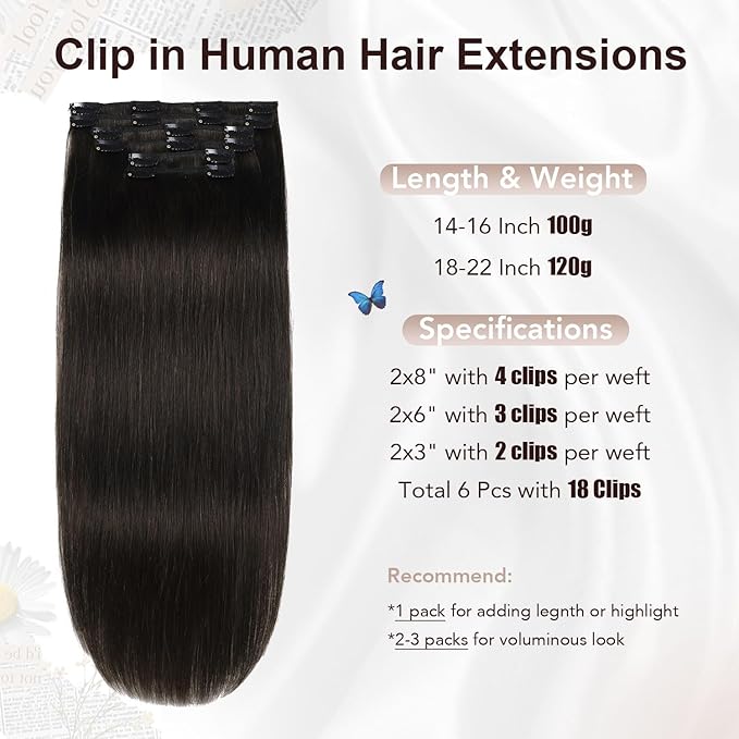 XDhair Clip in Hair Extensions Real Human Hair Natural black Clip in Remy Human Hair Extensions for Women 120g 22 Inch #1B