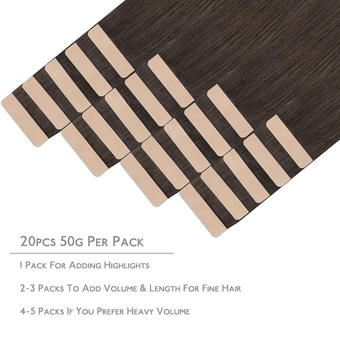 WENNALIFE Tape in Hair Extensions Human Hair, 20pcs 50g 14 inch Cool Dark Brown Remy Hair Extensions Straight Human Hair Tape in Extensions Skin Weft Tape Extensions