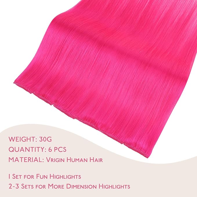 WENNALIFE Hot Pink Clip in Hair Extensions Real Human Hair 35g 6pcs 18 Inch Colored Hair Extensions for Kids Women Colorful Hair Pieces Pop-up Style Straight Extensiones De Cabello Humano Con Clip