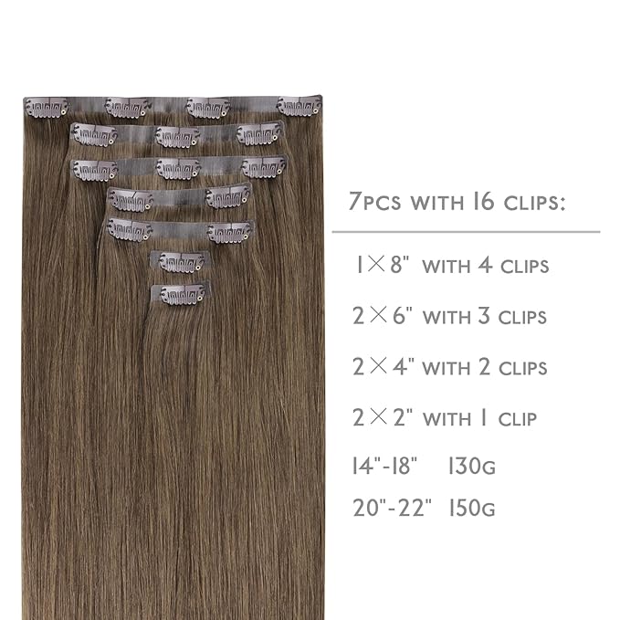 WENNALIFE Seamless Clip In Hair Extensions Human Hair, 14 Inch 130g 7pcs Light Ash Brown Real Hair Extensions Clip in Human Hair Invisible PU Skin Weft Natural Remy Human Hair Extensions