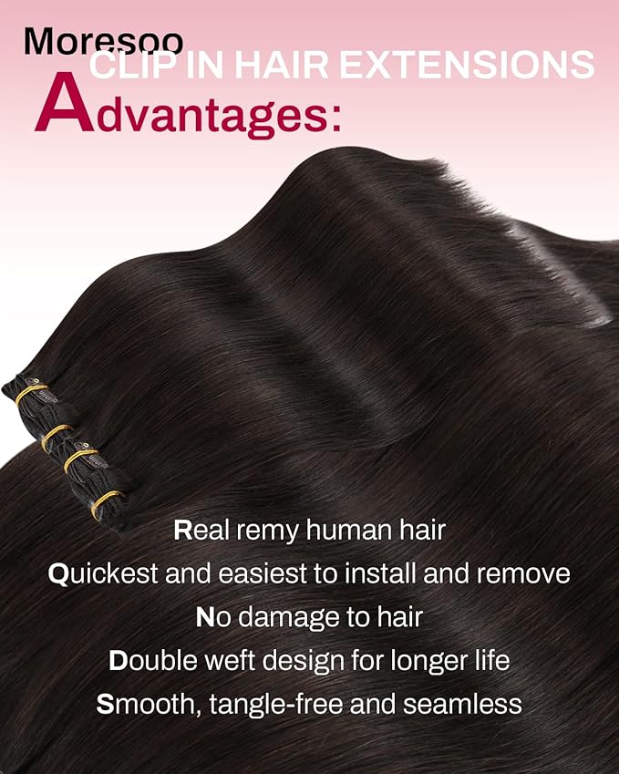 Moresoo Real Hair Extensions Clip in Human Hair Dark Brown Remy Straight Double Weft Clip in Human Hair Extensions for Women Brown 5pcs 80g 22inch