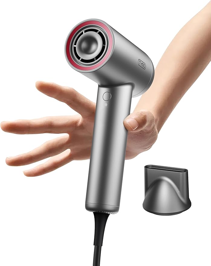 TYMO Ionic Hair Dryer for Women, Professional Blow Dryer with 110000 RPM Brushless Motor for Fast Drying, Travel Lightweight AIRHYPE Lite Hairdryer, Low Noise, 4 Temps & 3 Speeds for Man, Silver