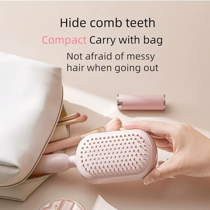 Self-Cleaning Air Cushion Comb – with Portable Travel Design, Features retractable, easy to clean, Ergonomic Pull Ring air cushion massage comb, for Detangling Thick/Curly Hair, Gift for Women (Pink)