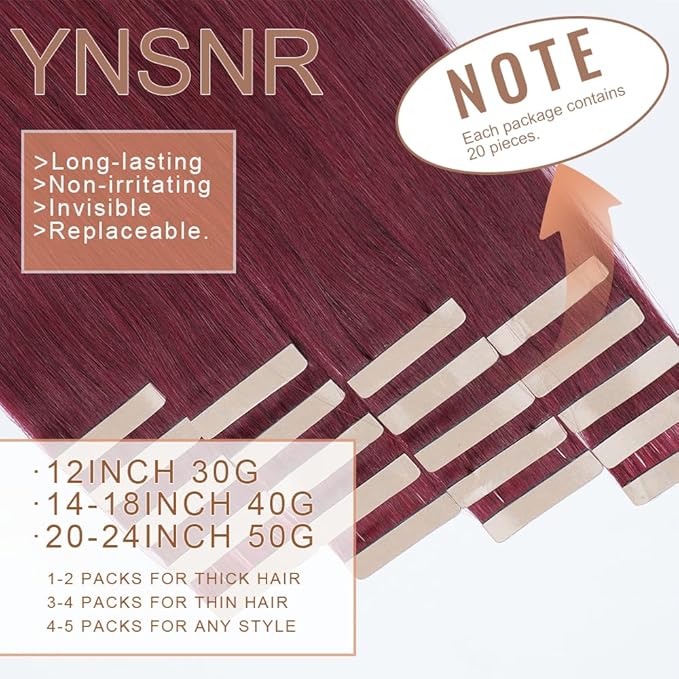 Tape in Hair Extensions Human Hair 16 Inch 20pcs Invisible Tape ins Hair Extensions Real Human Hair 99J Red Wine Burgundy Remy Seamless Injected Tape Extensions