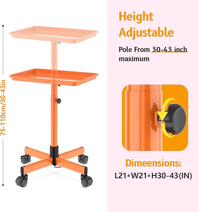Salon Tray on Wheels - Premium Aluminum Tattoo Tray Rolling Trolley - Adjustable Salon Service Rolling Tray Hairdresser Cart with Clinic Spa Rolling Tray Wheels (Orange)
