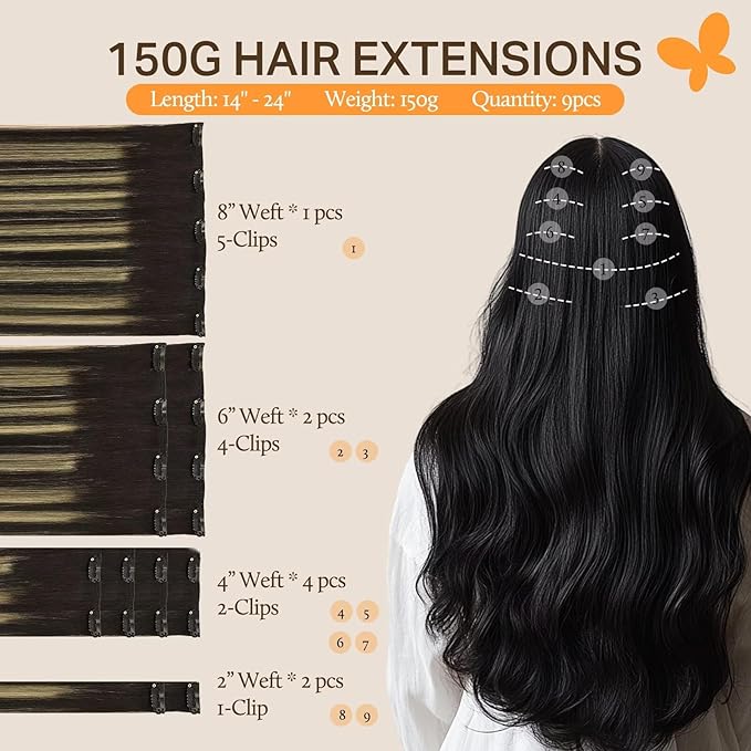 DOORES Clip in Hair Extensions, Balayage Natural Black to Light Blonde 24 Inch 9pcs 150g, Extensions Human Hair Natural Clip in Human Hair Extensions Clip ins Remy Hair Extensions Sliky Straight Thick
