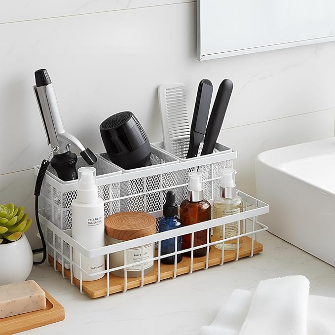 1 Pcs Hair Tool Organizer Countertop Breathable Metal & Bamboo Hot Tools Organizer Under Sink Bathroom Hair Dryer Holder Countertop Brush Comb Holder,makeup tray (Natural Bamboo,White)