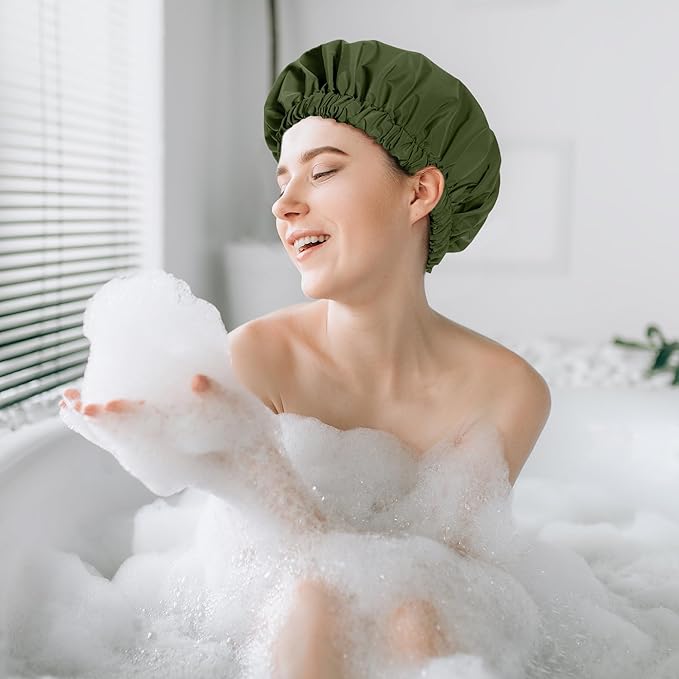 Reusable Shower Cap for Women, Stylish Large Waterproof Shower Bonnet Washable Wide Elastic Band Hair Cap for Long Hair, Braids Bath Hat(Army Green)