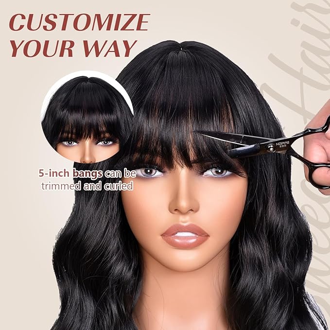 Black Bob Wig With Bangs Wave Wigs for Women 14 Inch Short Loose Wavy Heat Resistant Synthetic Wig Shoulder Length Natural Color Hair for Daily and Party Use