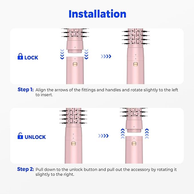 4 in 1 Rotating Hair Dryer Brush Spinning with Detachable Brush(2" & 1.5"),Negative Ionic Brush Blow Dryer 100-120V,3 Heats and 2 Speeds Rotating Hot Air Brush for Curling,Straight,Drying